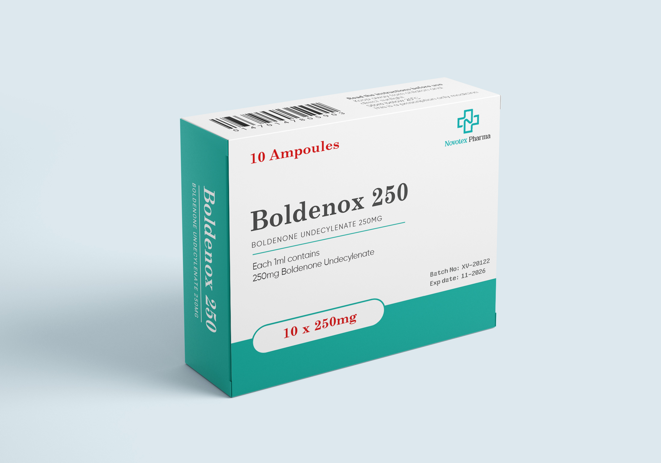 Boldenox 250 mg Boldenone Undecylenate injectable solution by Novotex Pharma, 10 mL vial front view