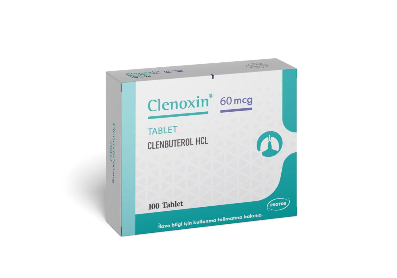 Clenoxin 60 mcg Clenbuterol HCL tablets by Proton Pharma, pharmaceutical packaging for respiratory treatment