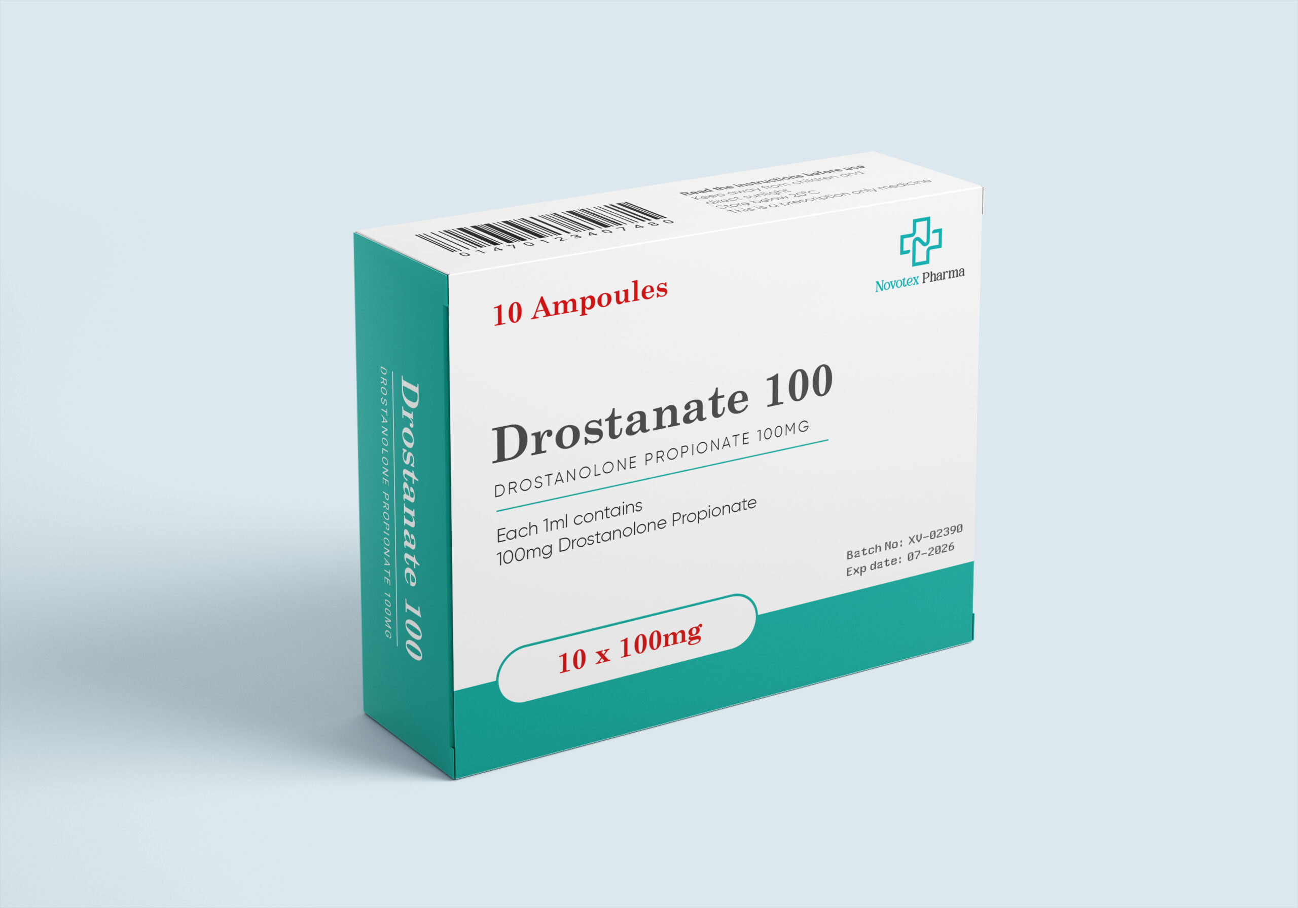 Drostanate 100 mg Drostanolone Propionate injectable solution by Novotex Pharma, 10 mL vial front view
