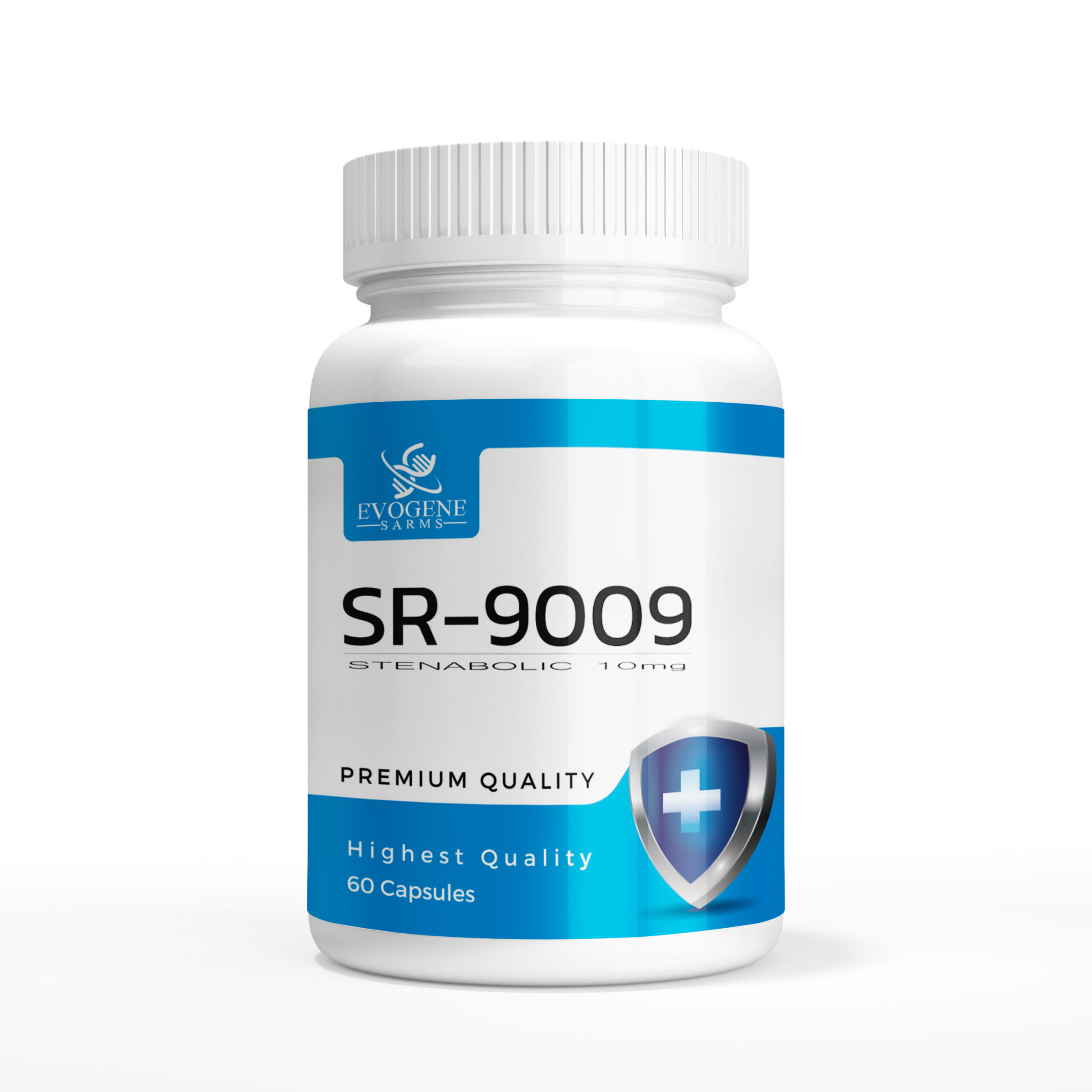Evogene SARMs SR9009 10mg capsule bottle on a white background