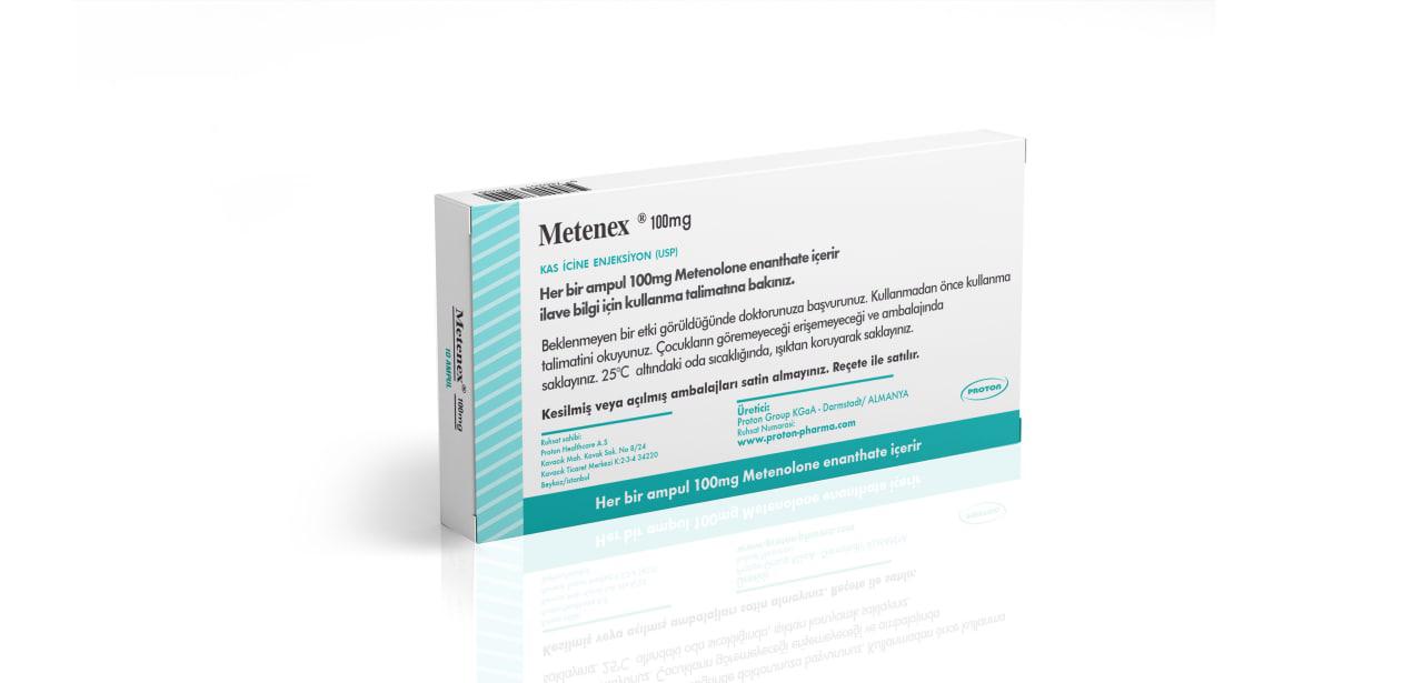The image displays a Proton Pharma Metenex vial containing 10 mL of Metenolone Enanthate 100 mg/mL, intended for clinical administration to assist in recovery and lean tissue maintenance.