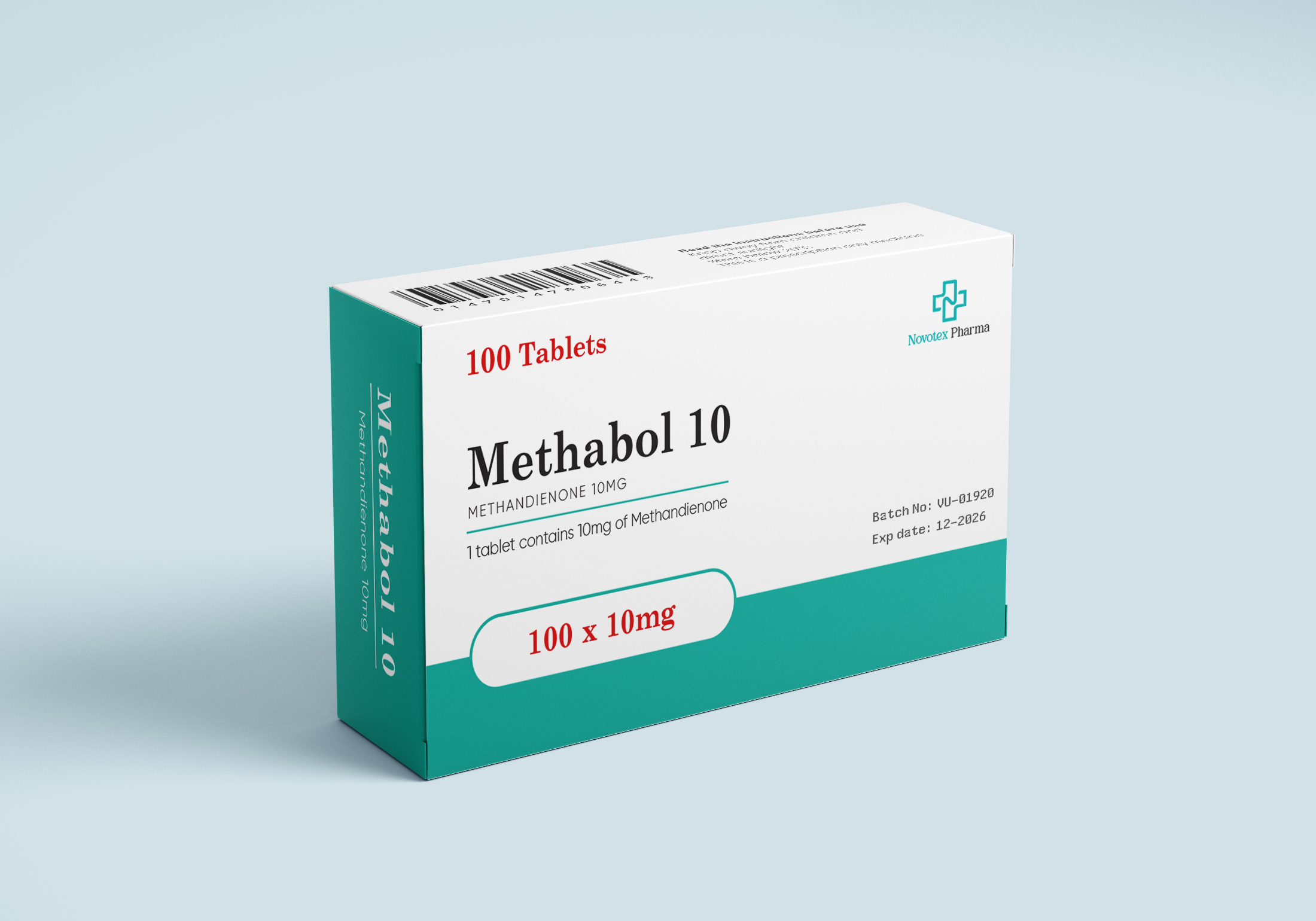 Methabol 10 mg Methandienone tablets by Novotex Pharma, 100-count pharmaceutical bottle front view