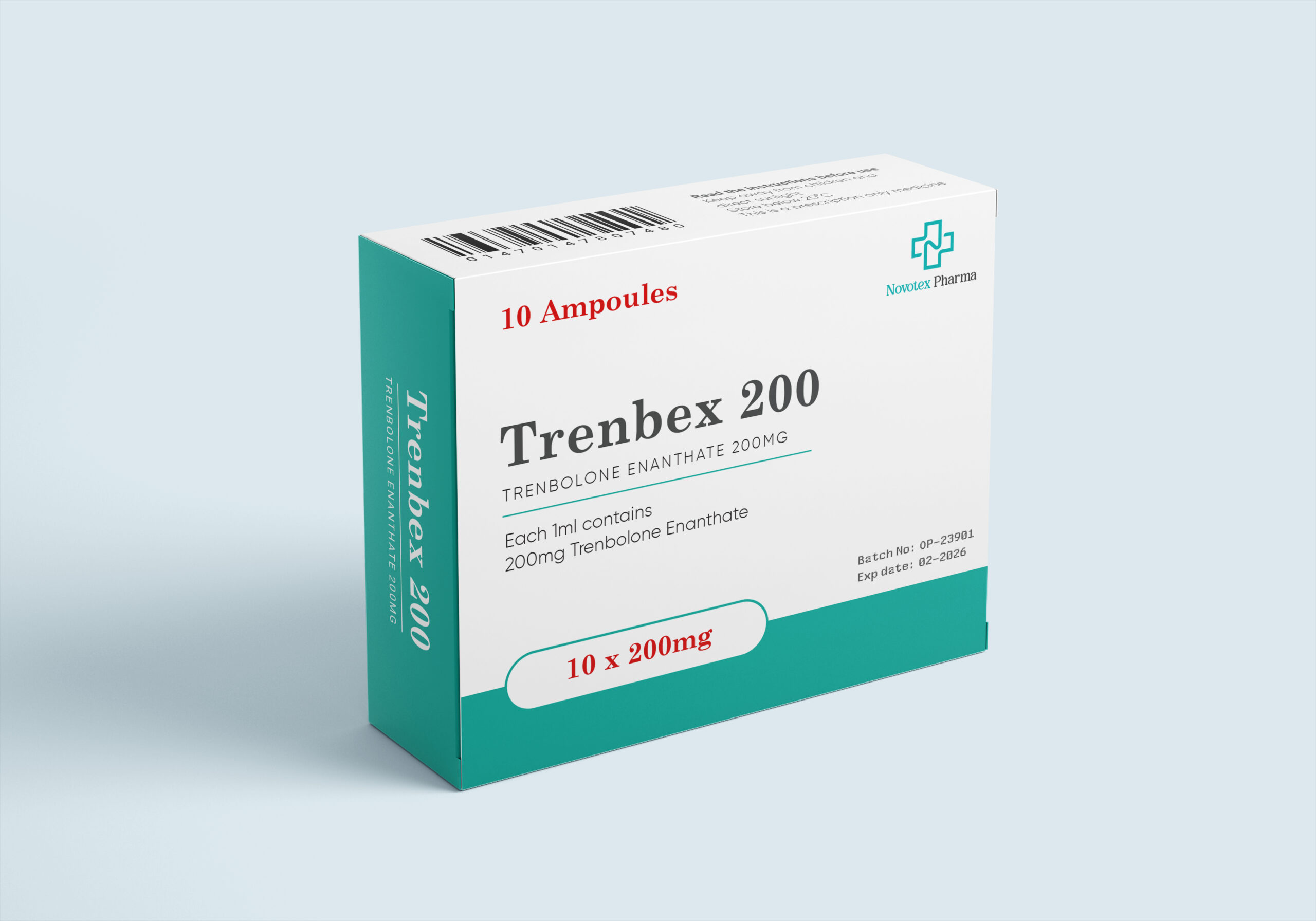 Trenbex 200 mg Trenbolone Enanthate injectable solution by Novotex Pharma, pharmaceutical vial front view