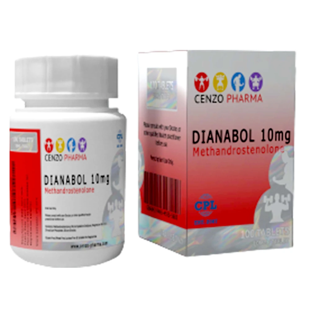 Cenzo Pharma Dianabol 10mg tablets bottle with label and blister packaging, containing 100 tablets.