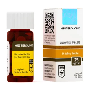 Hilma Biocare Masterolone 25mg tablet blister pack, 50 tablets, on white background