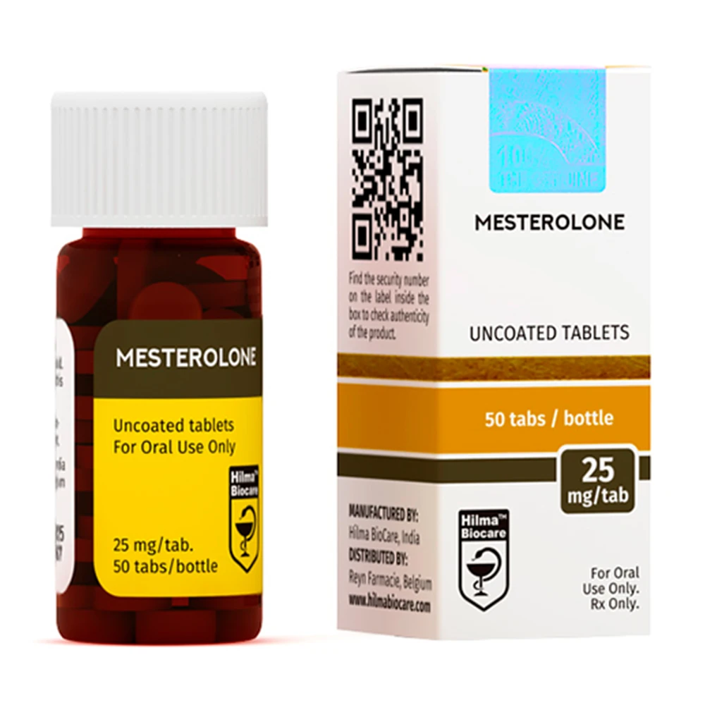 Hilma Biocare Masterolone 25mg tablet blister pack, 50 tablets, on white background