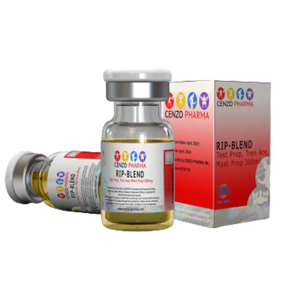 Cenzo Pharma RIP Blend 300mg/mL vial showing label and packaging, containing a blend of Drostanolone Propionate, Testosterone Propionate, and Trenbolone Acetate.