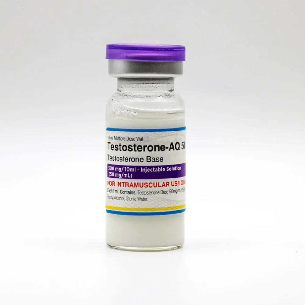 PharmaQo Testosterone AQ50 multidose 10 mL vial – 50 mg/mL aqueous testosterone suspension for clinical use